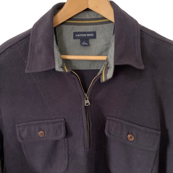 Lands' End Mens L 42-44 Sweater Blue 1/4 Half Zip Pullover Jacket Chest Pockets - Picture 1 of 5